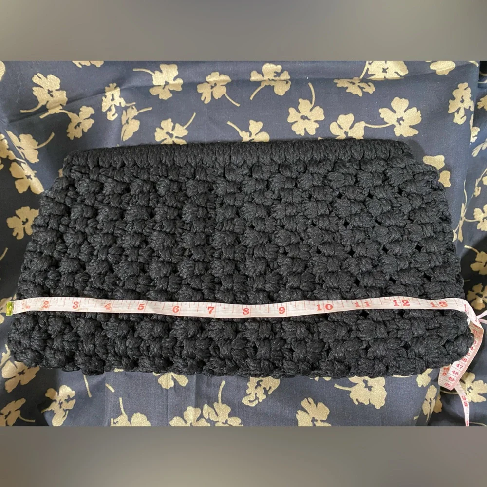 Vintage Black Crochet Clutch Purse Handbag Bobble Popcorn Stitch